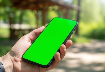 Hand holding smartphone with green screen outdoors in sunny park, ready for custom content insertion.