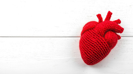 Creative knitted anatomical heart on white wood. Concept of charity, donation, handmade love and warm care with copy space.