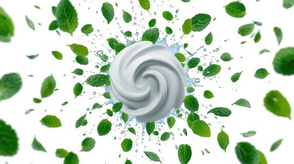 Dynamic 3D illustration of white cream or toothpaste swirl surrounded by flying mint leaves and water drops. Freshness and hygiene concept isolated on white.