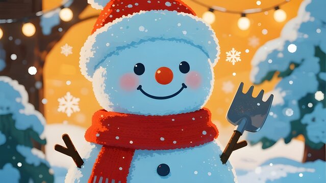 Cute snowman wearing a santa hat and red scarf in a snowy winter scene