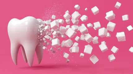 Creative 3D illustration of a white tooth turning into a cloud of sugar cubes. Metaphor for tooth decay, cavities and sugar addiction on pink background.