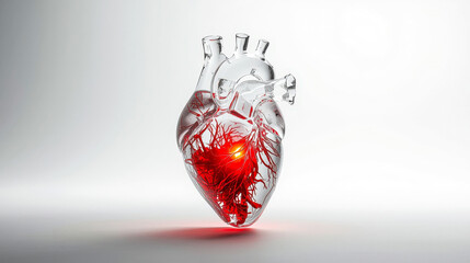 Futuristic 3D illustration of a transparent glass heart with complex glowing red vascular network. Concept of artificial organ, cardiology and fragile life.