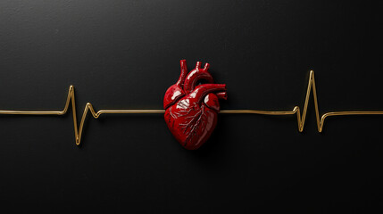 Golden metal heartbeat line on dark textured background. Luxury healthcare, premium insurance or financial pulse concept.
