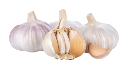 Three whole garlic bulbs, one sliced open, and a single clove on a black background