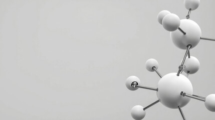 Minimalist 3D illustration of a white molecular structure with metallic connections. Science, chemistry or education background with copy space.