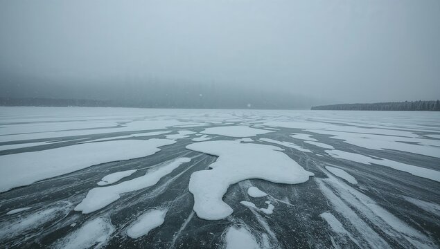 Expansive Frozen Lake With Blowing Snow And Icy Winds During A Frigid Winter Storm Creating, A Dramatic Cold Winter Landscape With A Wide Open Horizon