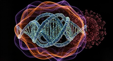 Abstract visualization of a DNA double helix and viral particle.