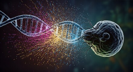 Conceptual illustration of a pathogenic cell causing damage to a DNA strand.