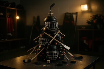 Creative Arrangement of Hockey Equipment Featuring Stacked Helmets and Sticks in a Locker Room Setting with Colorful Accents