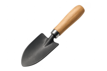 Garden hand trowel with wooden handle on transparent background