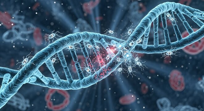 Digital illustration of a glowing blue DNA double helix structure.