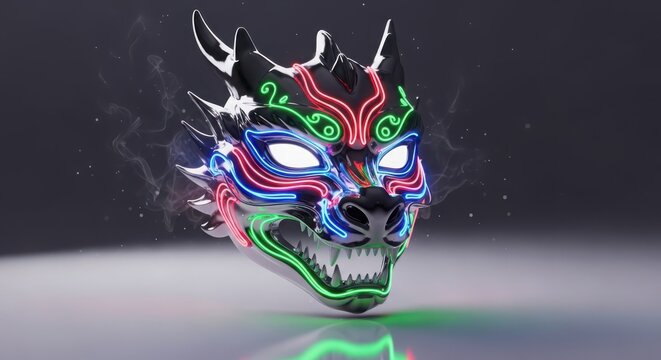 Futuristic neon dragon mask with glowing eyes and intricate details - Powered by Adobe