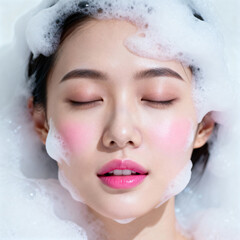 Asian Woman Relaxing in Bubble Bath with Eyes Closed