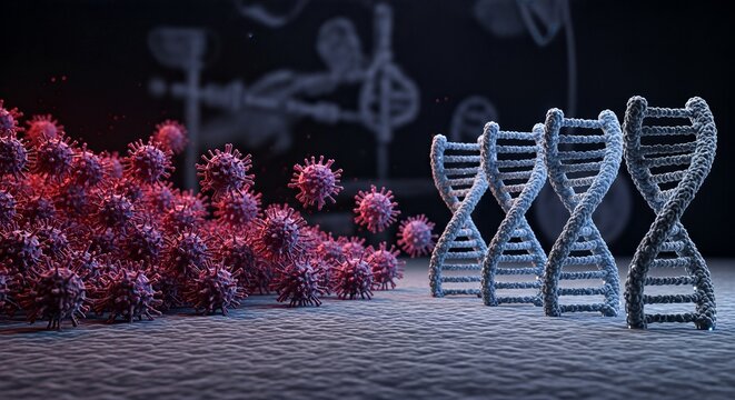 Microscopic view of pathogenic viruses attacking human DNA strands.