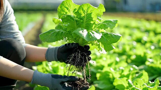 Close up of a farmer's hands wearing gloves carefully pulling a fresh head of lettuce from the ground, showing its healthy roots