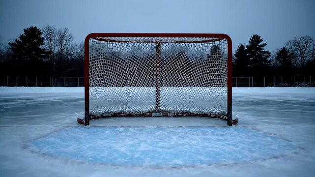 Forward moving shot of an empty red hockey goal sitting on a frozen outdoor ice rink during a cold, overcast winter day in a public park