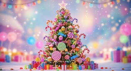 Festive Christmas tree adorned with candy presents around the base and colorful lights in the background