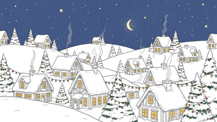 Fototapeta premium Charming winter village landscape under a starlit night sky, cozy homes and Christmas trees evoke holiday spirit, a vector illustration of peacefulness