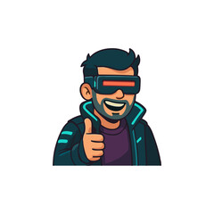 Cyberpunk character giving thumbs up. Futuristic man smiling. Sci-fi hero positive gesture