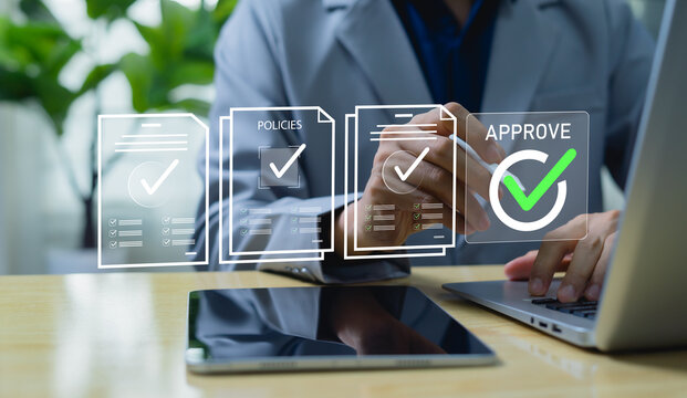 Business manager reviewing ISO certification approval process, quality assurance checklist, and customer satisfaction guarantee, representing corporate management and compliance standards.