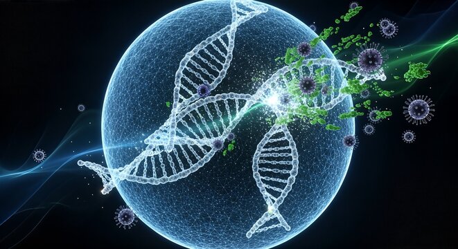 Viral attack on DNA double helix within a cellular structure.