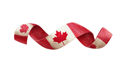 Wavy red and white ribbon with a maple leaf emblem