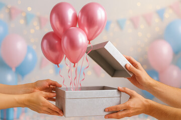 Gender reveal box with pink balloons flying out - 2