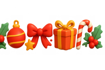 Christmas holiday decorations line with 3d render bauble, gift box, candy cane, holly, and ribbon bow, transparent background