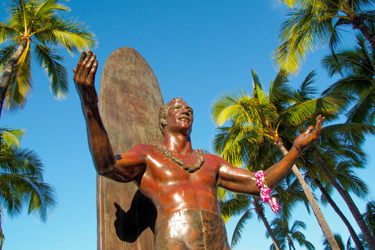 Honolulu, Oahu, Hawaii, USA. June 21, 2023 . Duke Kahanamoku Statue at Waikiki Beach in Honolulu. Surfer legend. Editorial and documentary use only. Object may be right protected.