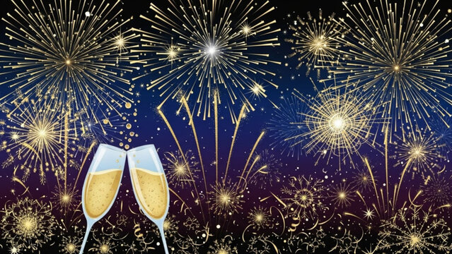 Celebrate New Year's Eve with a stunning fireworks display and a champagne toast, perfect for festive invitations and holiday greetings
