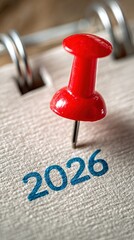 Red Push Pin on Calendar Marking Year 2026 for Planning and Organization Purposes