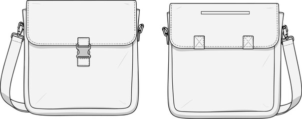 Vector technical sketch of white shoulder bag, fashion flat drawing, front and back view, crossbody satchel design template with buckle for accessory tech pack