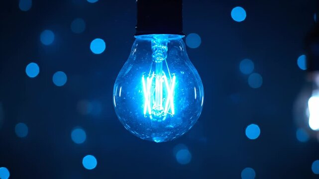 Antique blue light bulb emitting a warm glow from its filament. Bokeh effect background symbolizing creativity, progress, or modernity