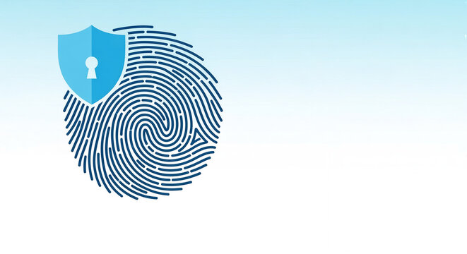 Fingerprint Biometric Security Concept: Protected Digital Identity with Blue Shield and Keyhole Icon on Clean Background