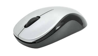 Wireless computer peripheral featuring a silver and black design. Scroll wheel visible