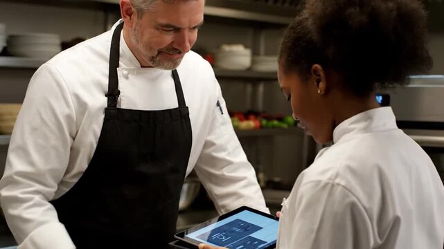 Chefs review order on tablet in commercial kitchen setting.