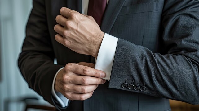 A businessman in a suit adjusts his cufflink on his white shirt sleeve, preparing for an important meeting today