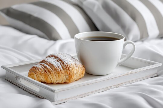 A cozy breakfast tray featuring a cup of coffee and a freshly baked croissant on a white bedspread. Perfect for a relaxing morning.