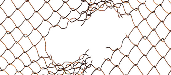 The texture of the metal mesh on a white background. Torn steel, metal mesh with holes