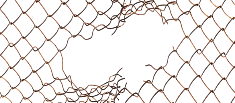 The texture of the metal mesh on a white background. Torn steel, metal mesh with holes