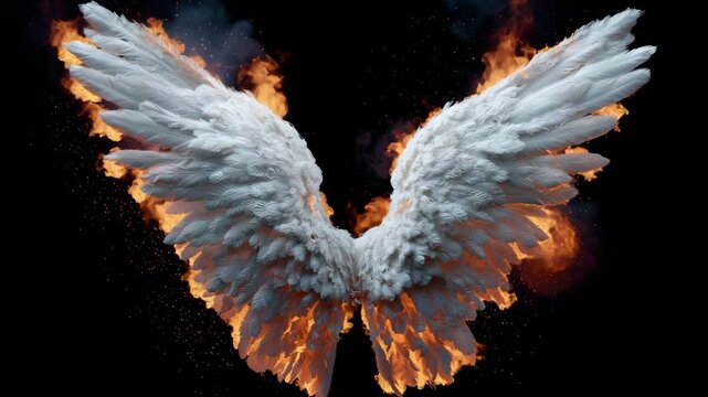 White angel wings emerge dramatically from flames, creating a powerful contrast of beauty and heat over black background
