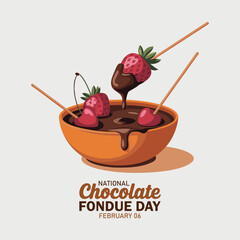 National Chocolate Fondue Day to celebrate on February 5th. One bowl contains liquid chocolate, strawberries and cherries on white background. Food event banner.