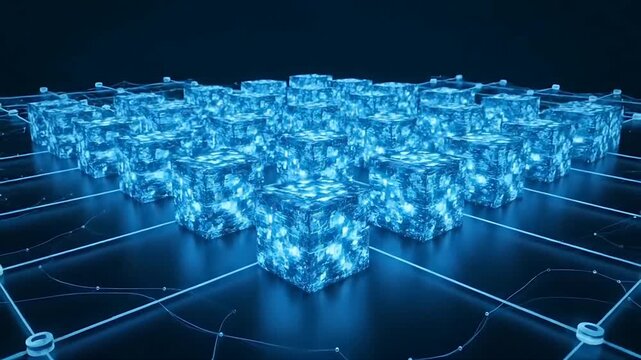 A dynamic 3D animation of glowing blue cubes representing blocks of data connected on a futuristic network grid, symbolizing blockchain technology and security.