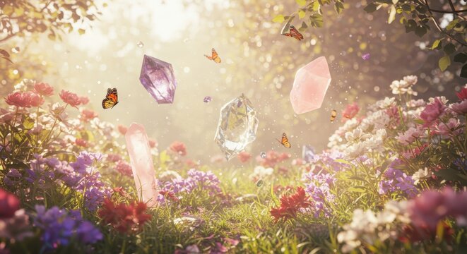 Luminous crystalline formations hover above a vibrant, sunlit meadow filled with blossoming flora and fluttering insects - Powered by Adobe