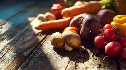 Assortment of colorful fresh root vegetables and produce arranged on rustic wooden planks bathed in natural sunlight.