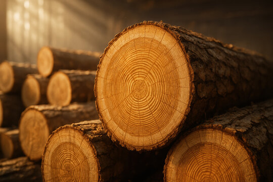 Close-up of stacked logs with visible tree rings in a lumberyard - Powered by Adobe