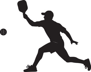 pickleball player silhouette performing active hitting pose in dynamic sports themed minimal illustration