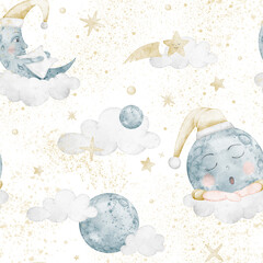 Moon watercolor seamless pattern with clouds, stars and cosmic splashes. Illustration of night background with dreamy crescent for bed linen and nursery bedtime. Backdrop for childish textile.