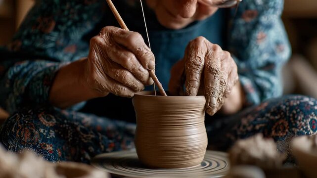 An elderly woman carefully shapes a pot from soft clay, her weathered hands revealing years of artistry and dedication to her craft. She skillfully uses a tool to carve designs int