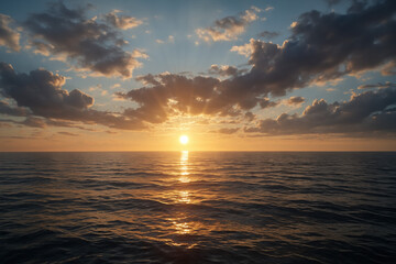 Stunning sunset over the ocean with sun rays breaking through the clouds